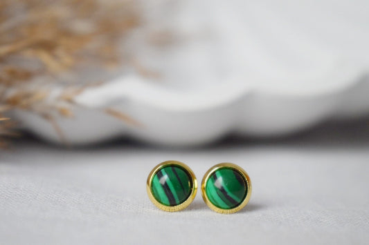 Malachite Stud Earrings, Green Golden Jewelry, Gift For Her