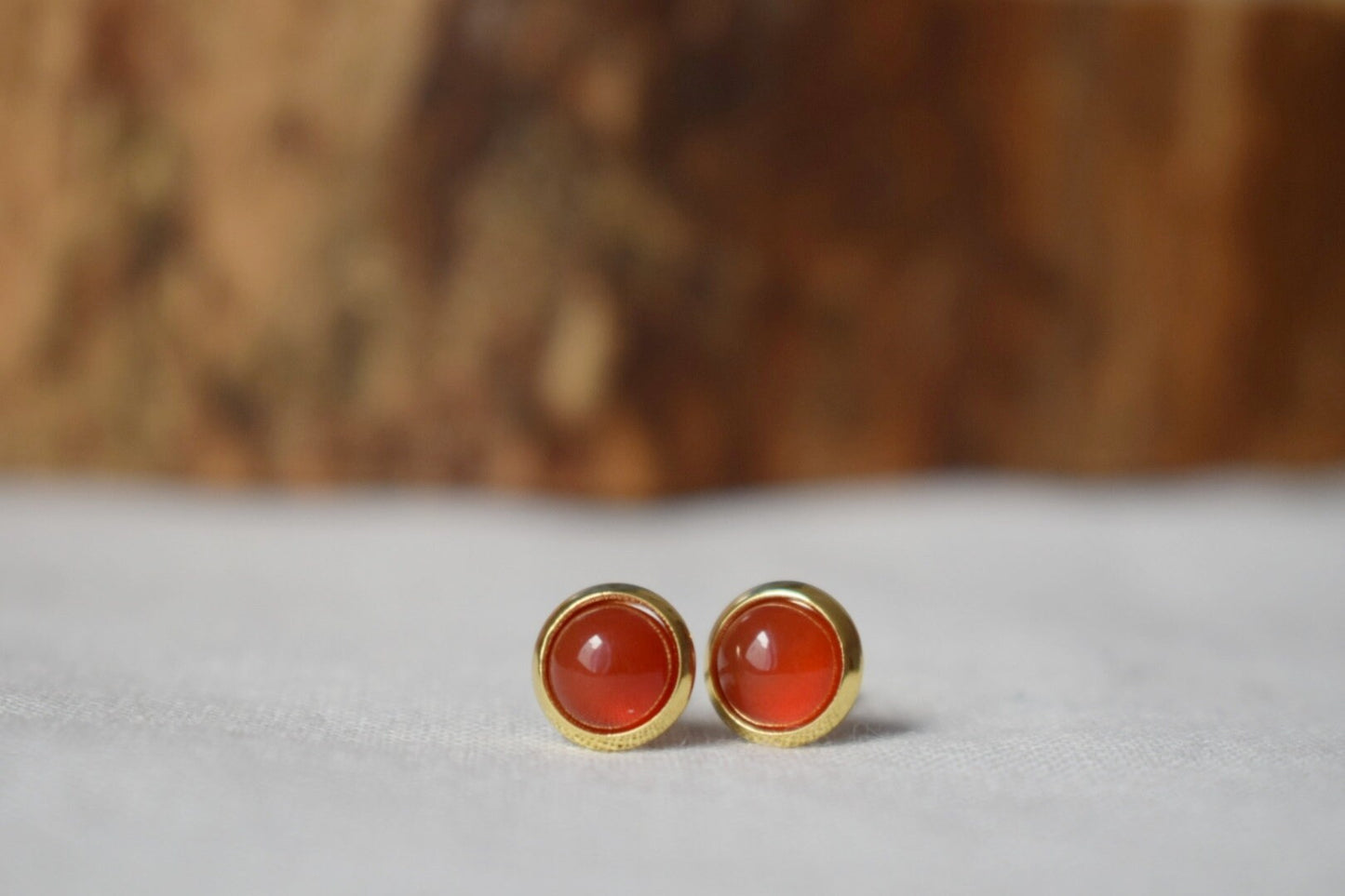 Carnelian Stud Earrings: 18k gold plated Gemstone Round Red Orange jewelry
