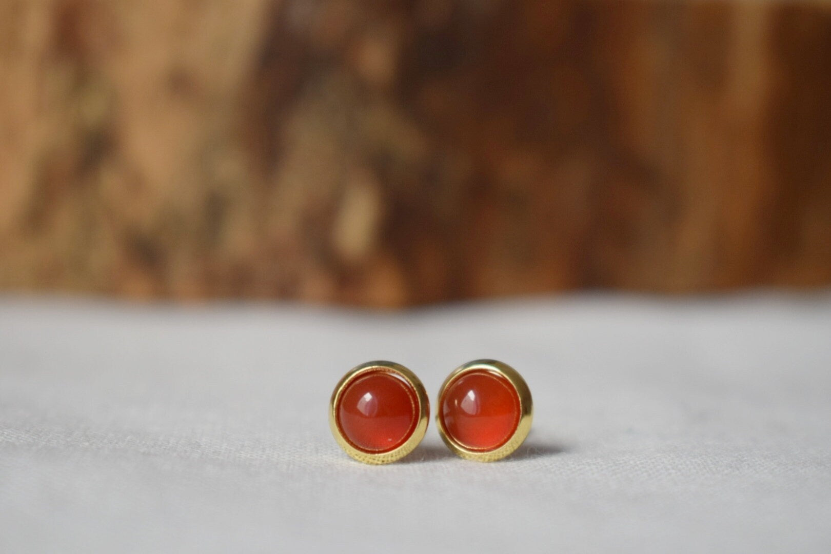 Carnelian Stud Earrings: 18k gold plated Gemstone Round Red Orange jewelry