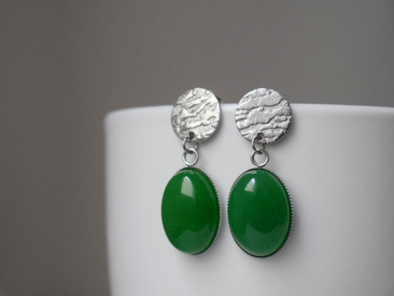 Green jade stud earrings, Gemstone Statement Jewelry