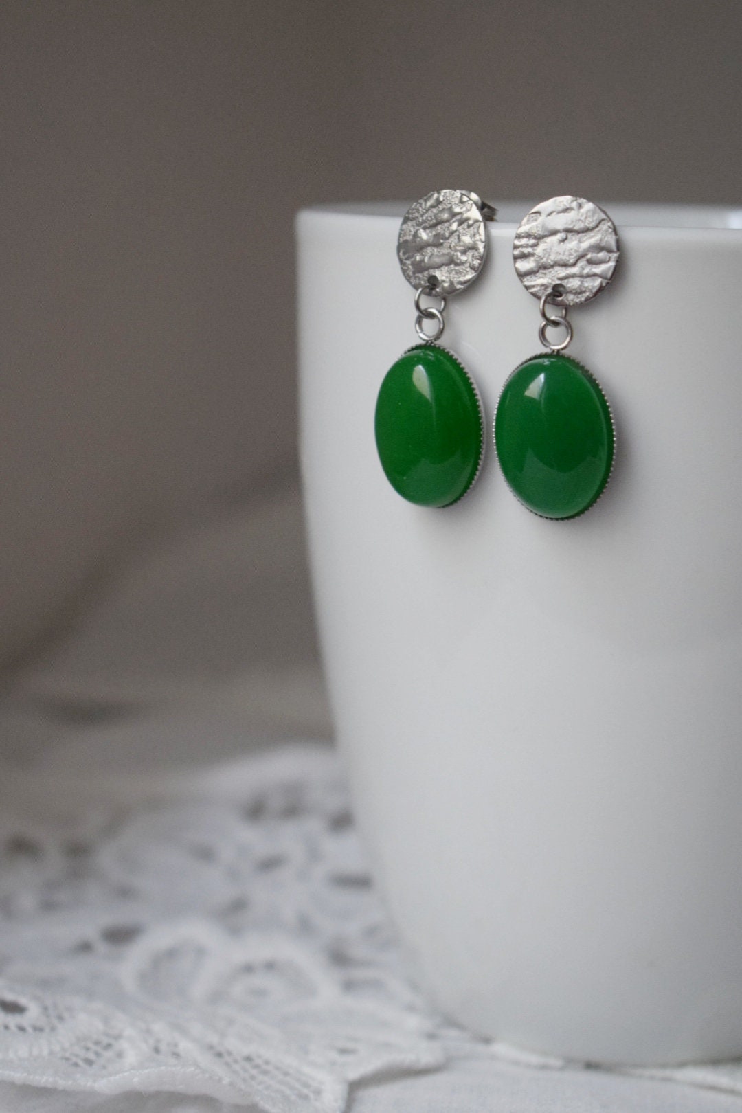 Green jade stud earrings, Gemstone Statement Jewelry