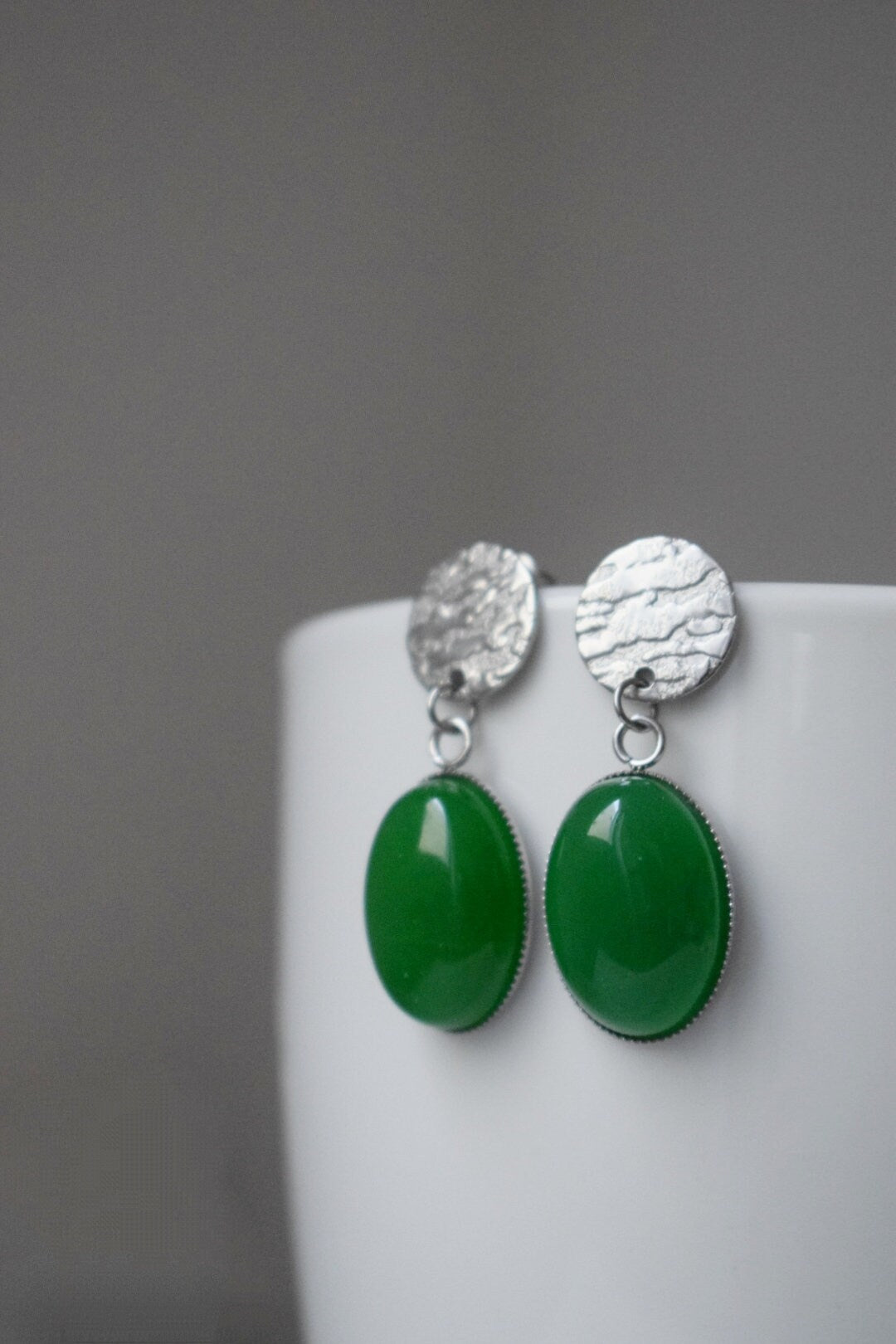 Green jade stud earrings, Gemstone Statement Jewelry