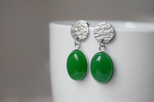 Green jade stud earrings, Gemstone Statement Jewelry