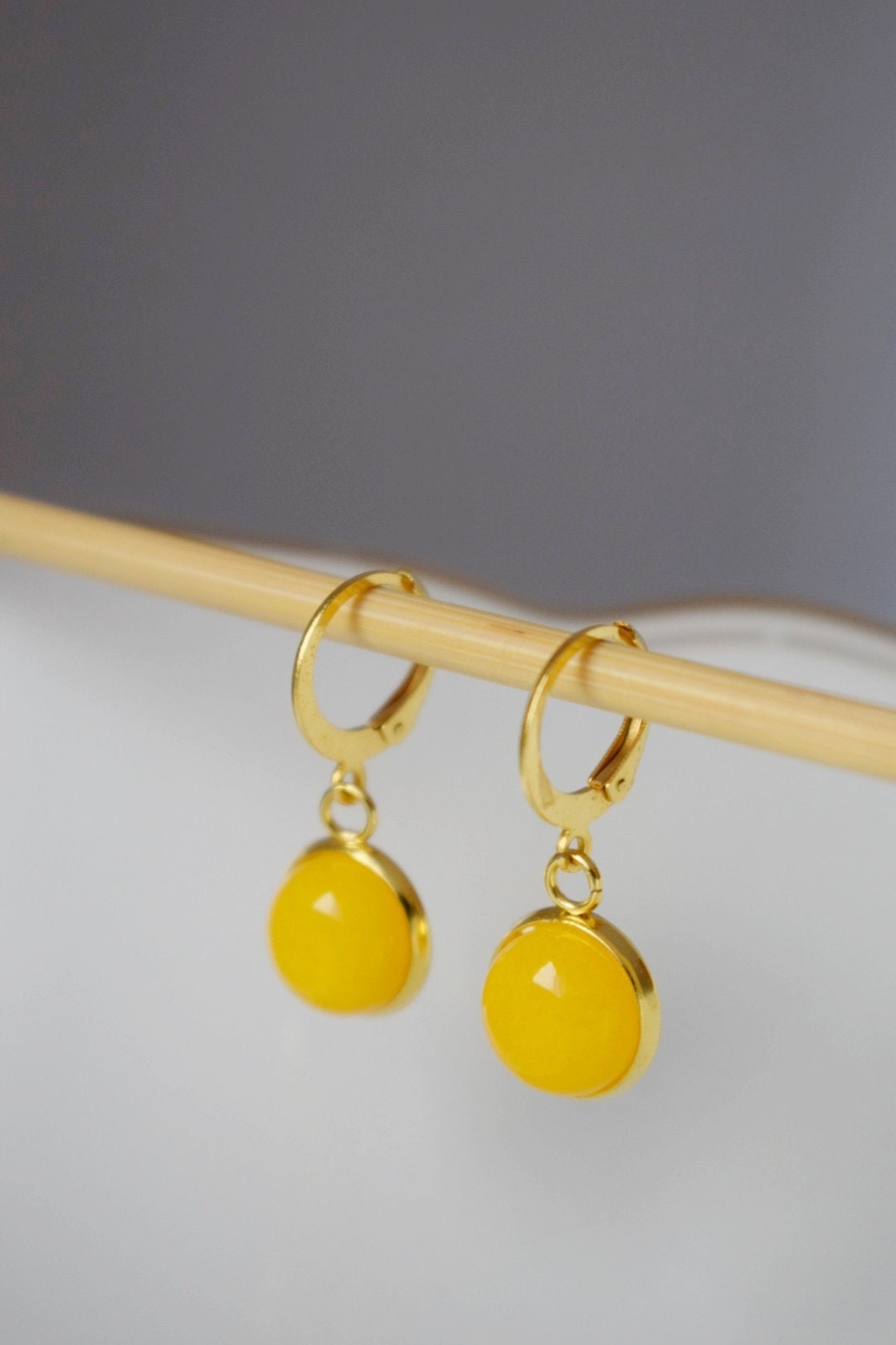 Yellow Jade Earrings: 24k Gold Plated Huggie Hoops, Gemstone Dangle, Christmas Jewellery Gift