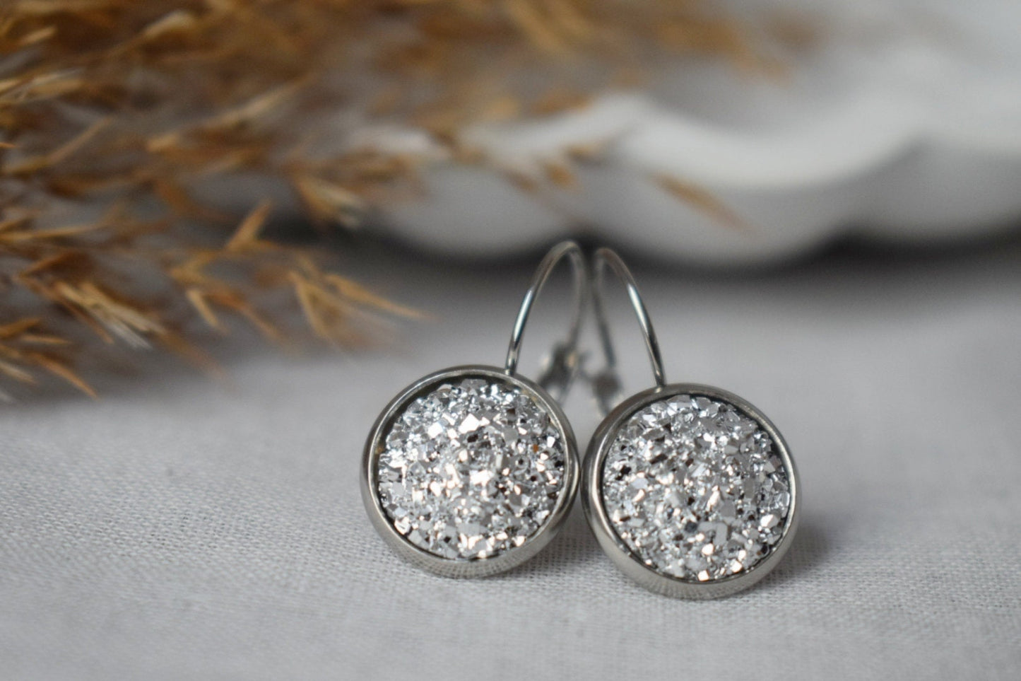 Druzy Earrings, Sparkling Dangles, Silver Color Jewelry, Gift For Her