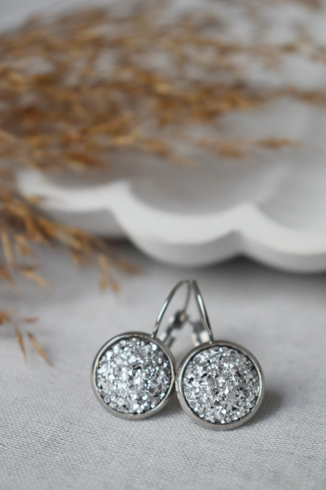 Druzy Earrings, Sparkling Dangles, Silver Color Jewelry, Gift For Her