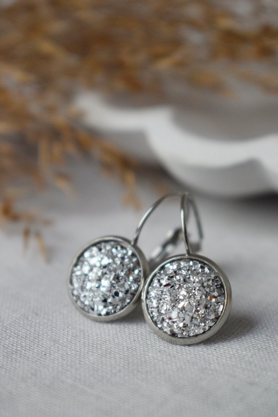 Druzy Earrings, Sparkling Dangles, Silver Color Jewelry, Gift For Her