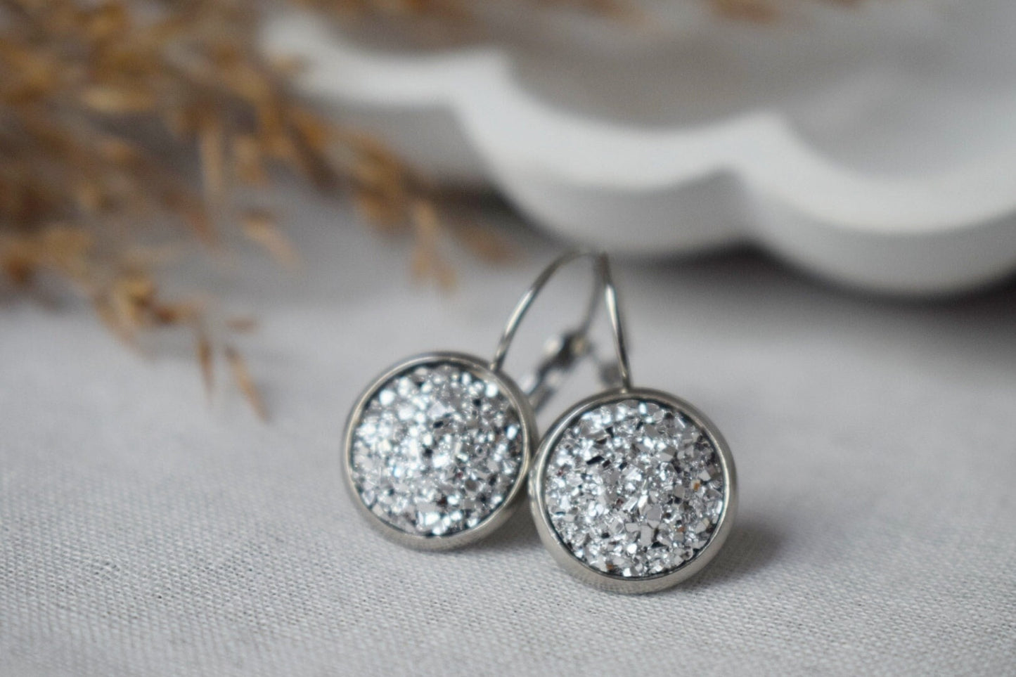 Druzy Earrings, Sparkling Dangles, Silver Color Jewelry, Gift For Her
