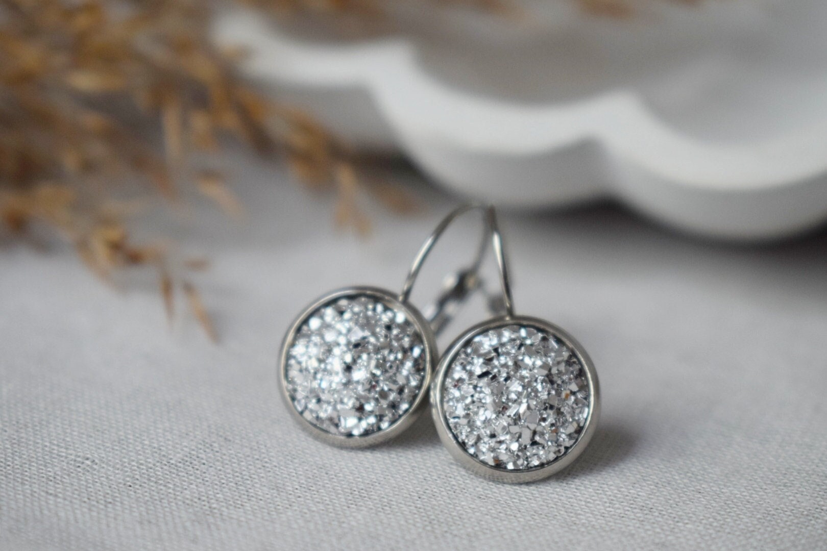 Druzy Earrings, Sparkling Dangles, Silver Color Jewelry, Gift For Her