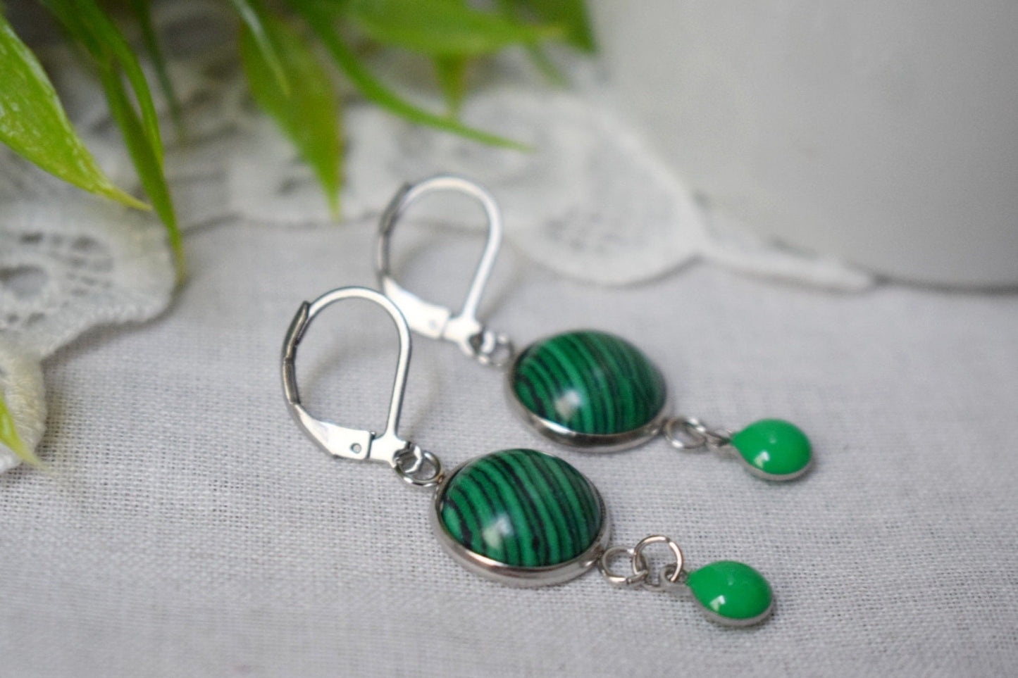 Malachite dangle earrings, Green Gemstone drop huggies, Boho jewelry