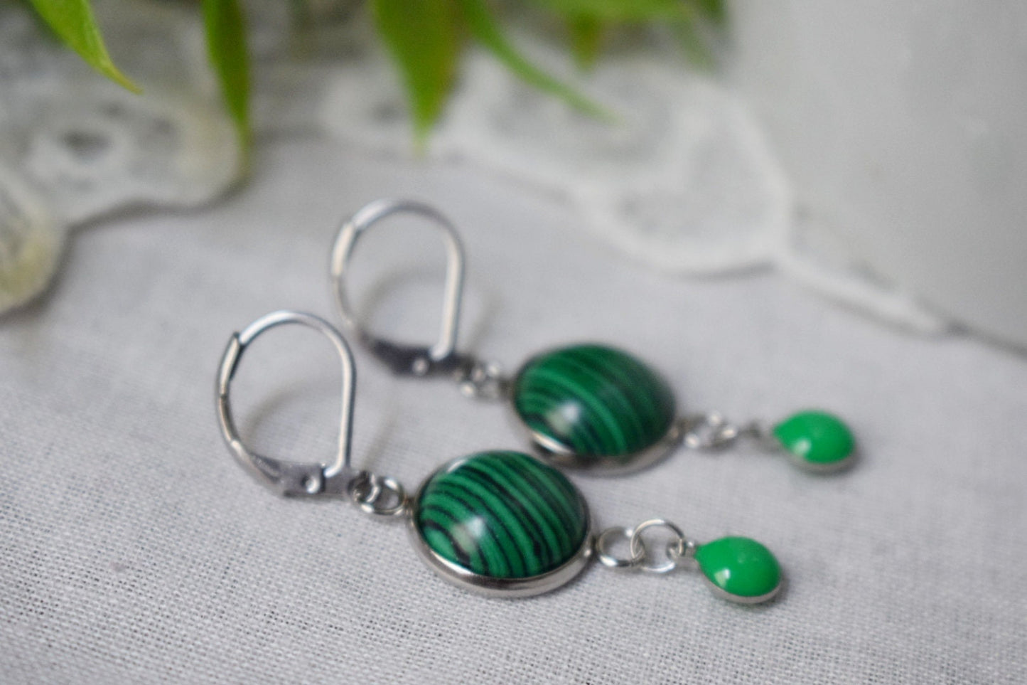 Malachite dangle earrings, Green Gemstone drop huggies, Boho jewelry