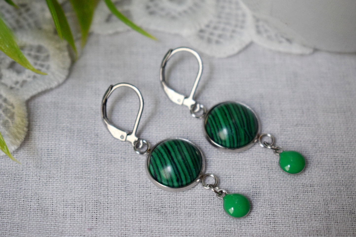 Malachite dangle earrings, Green Gemstone drop huggies, Boho jewelry