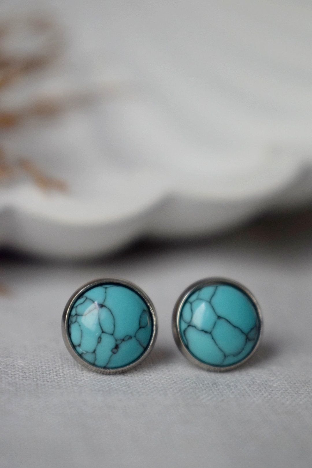 Turquoise stud earrings, 12mm Gemstone push back earrings, Blue post earrings, Lightweight earrings, Handmade jewelry, Gift for women