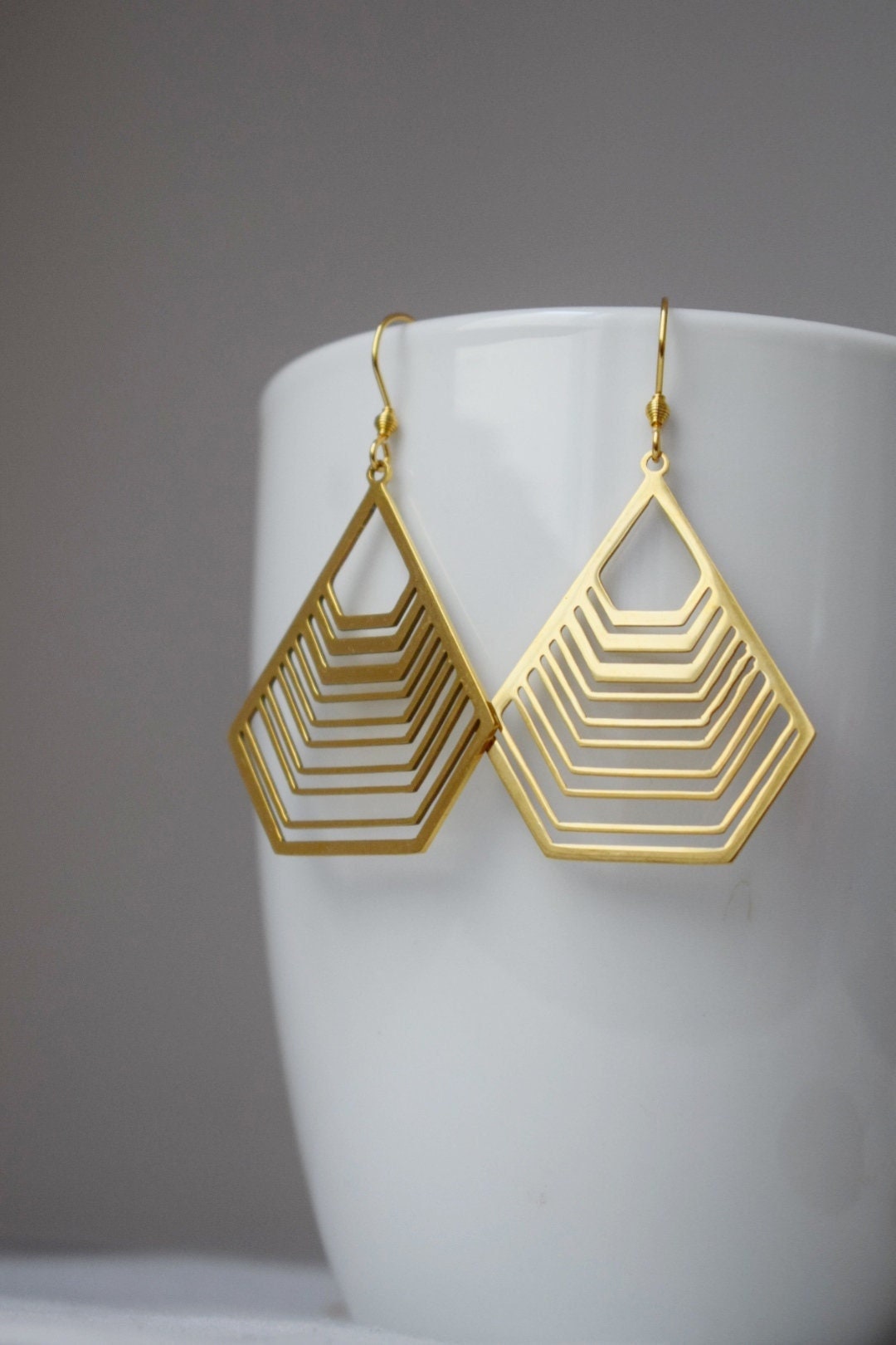 Gold Filigree Polygon Earrings: Stainless Steel Geometric Dangles Jewelry
