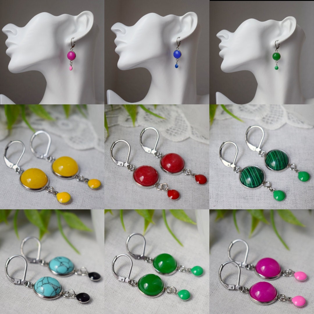 Malachite dangle earrings, Green Gemstone drop huggies, Boho jewelry