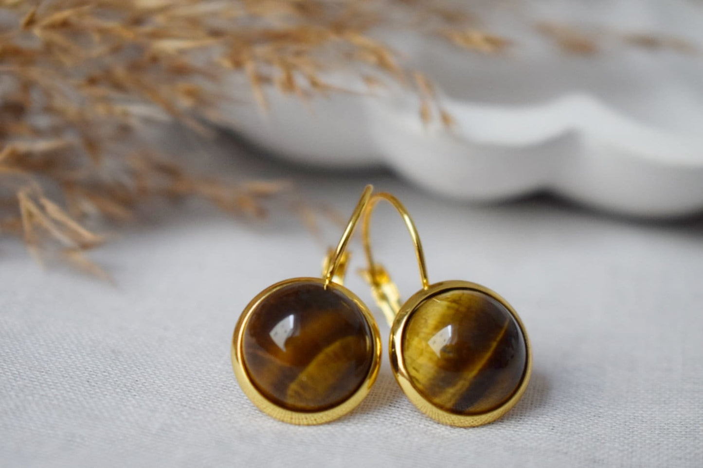 Tigerauge Ohrringe für Frauen, Edelstein-Ohrringe mit Klappverschluss, goldbrauner Naturstein, Chakra, Tigerauge Schmuck für sie, Muttertagsgeschenk