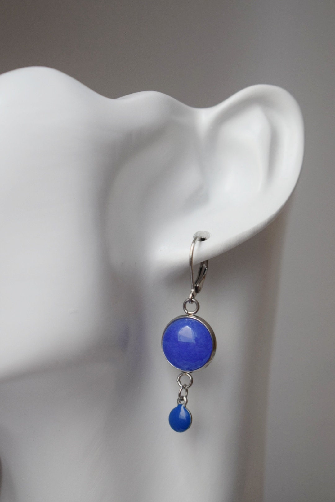 Blue jade earrings, Gemstone dangle enamel pendant, Boho jewelry, Gift for her