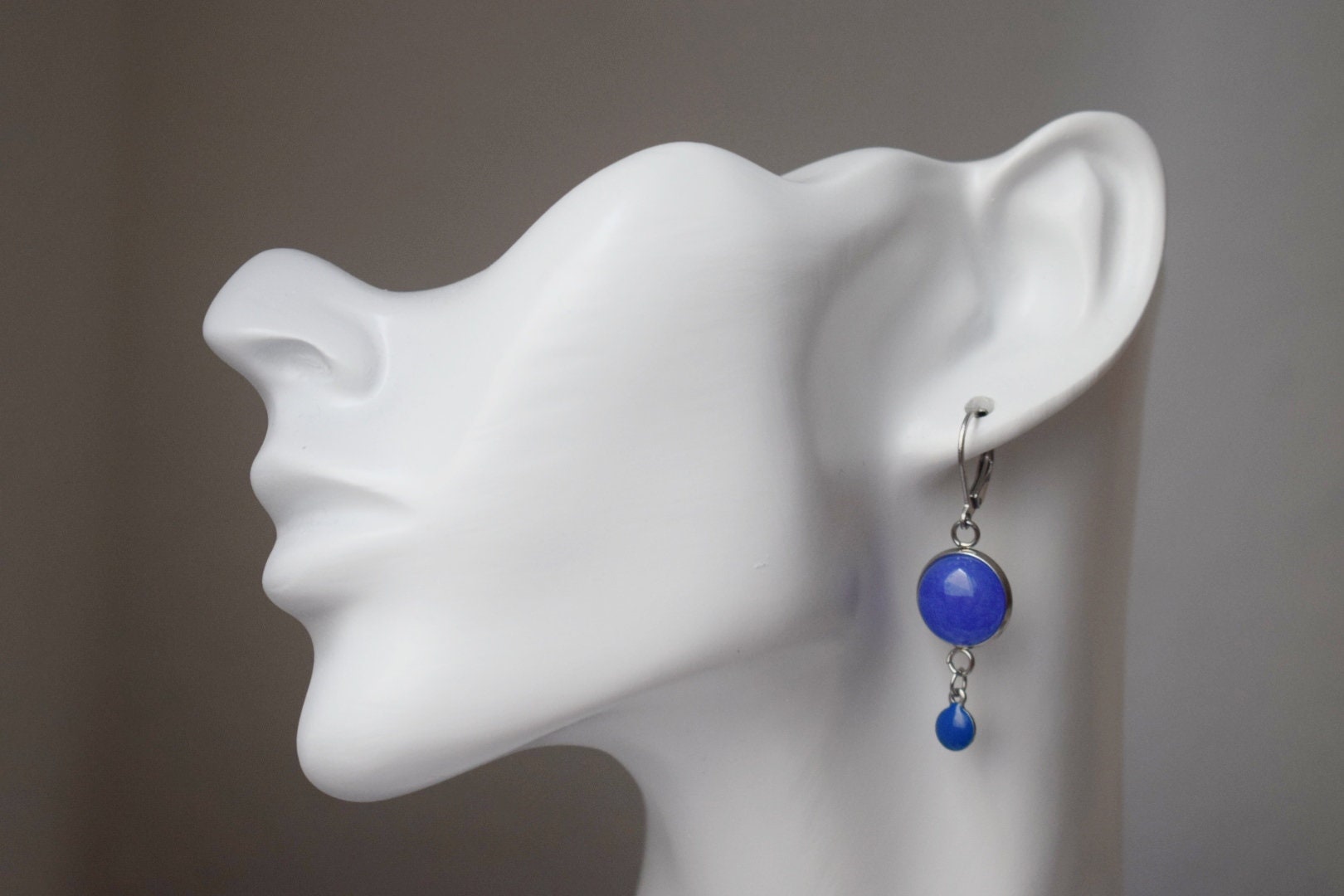 Blue jade earrings, Gemstone dangle enamel pendant, Boho jewelry, Gift for her