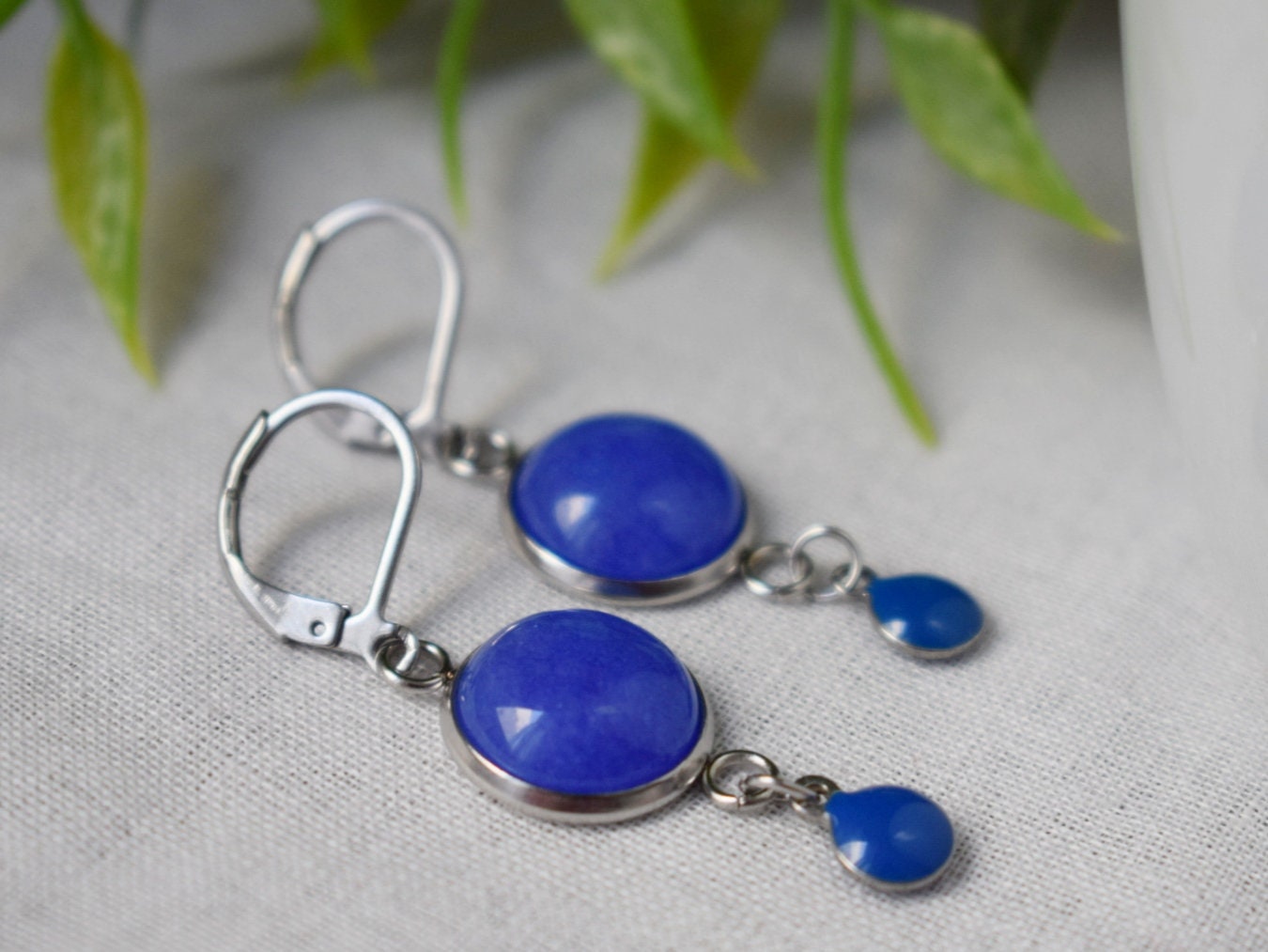 Blue jade earrings, Gemstone dangle enamel pendant, Boho jewelry, Gift for her