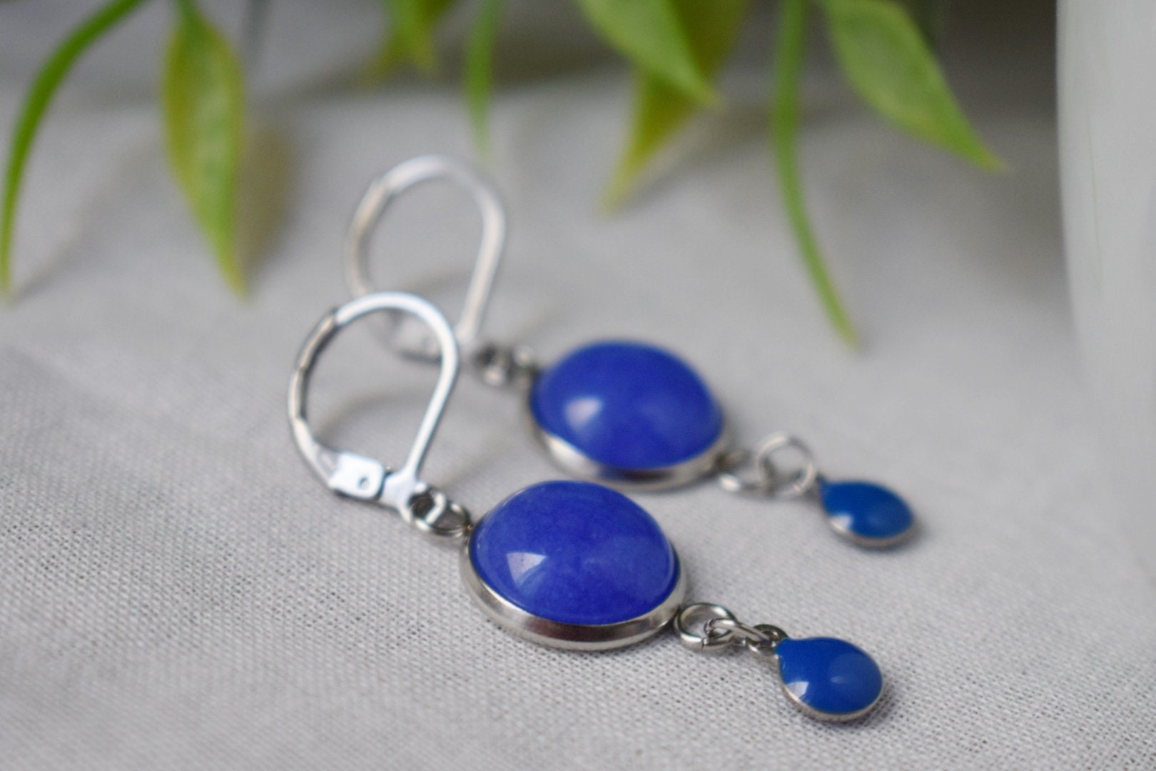 Blue jade earrings, Gemstone dangle enamel pendant, Boho jewelry, Gift for her