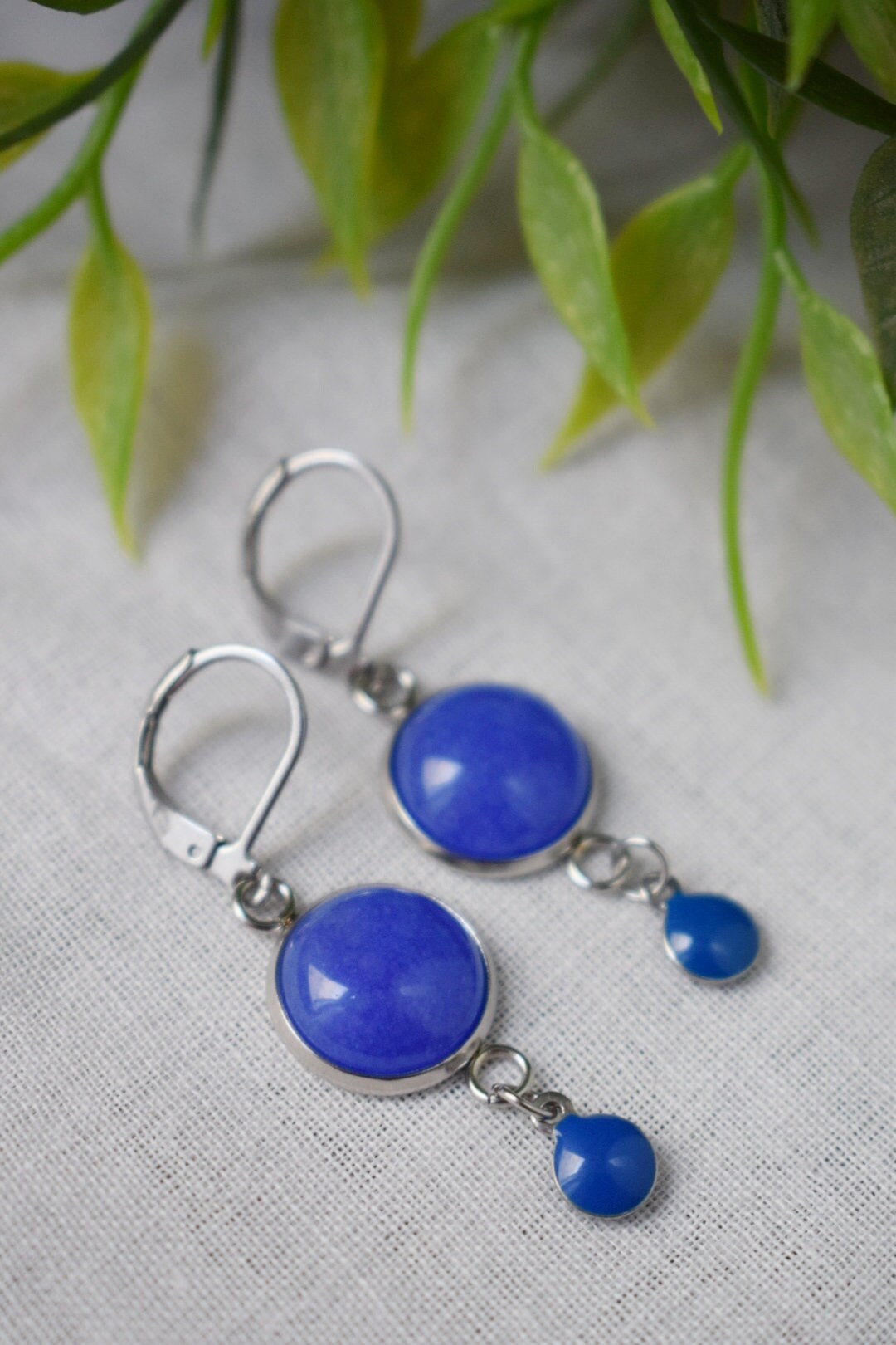 Blue jade earrings, Gemstone dangle enamel pendant, Boho jewelry, Gift for her