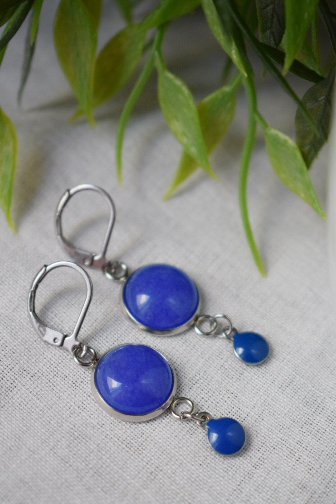 Blue jade earrings, Gemstone dangle enamel pendant, Boho jewelry, Gift for her