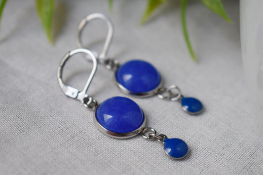 Blue jade earrings, Gemstone dangle enamel pendant, Boho jewelry, Gift for her