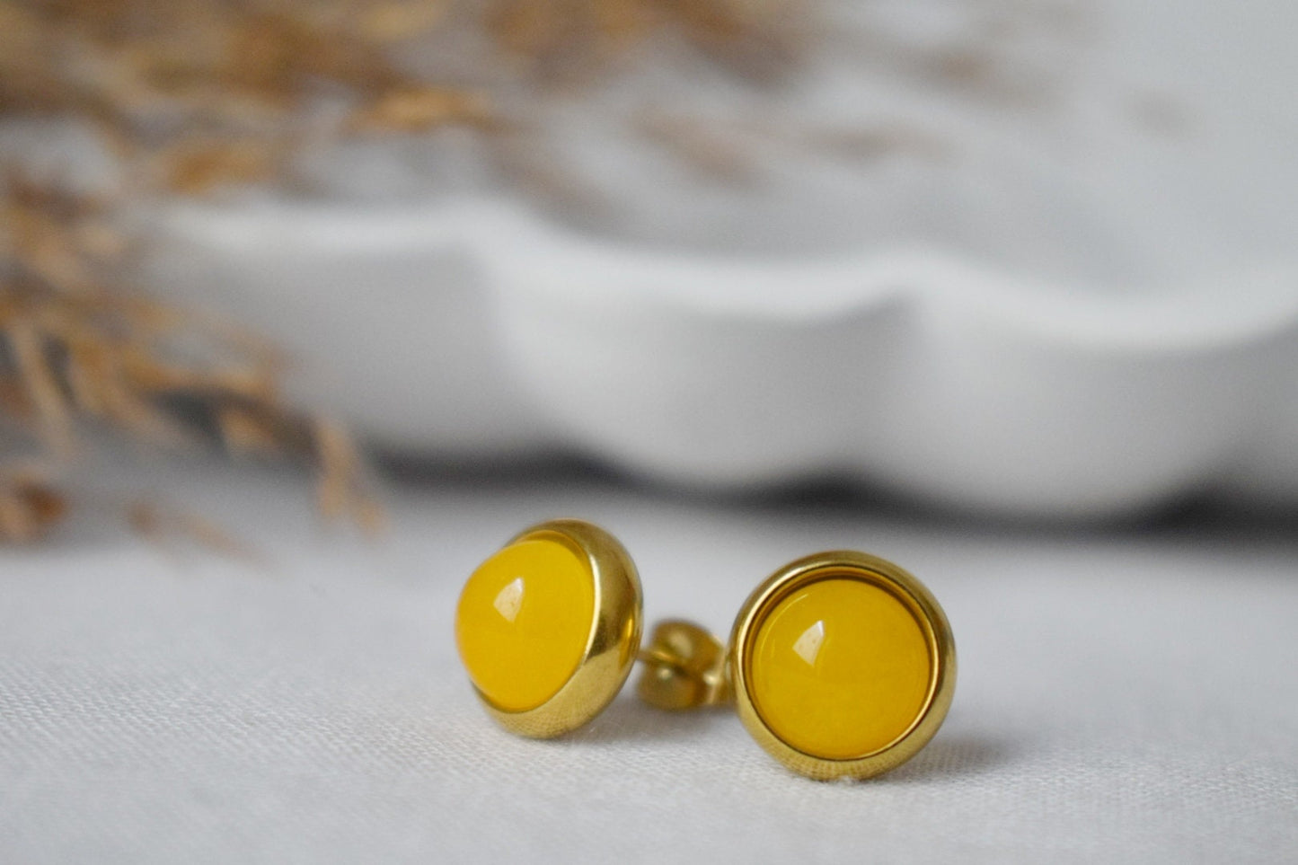 Yellow jade stud earrings, Small gemstone jewelry, Gift for her