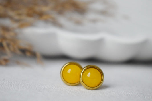 Yellow jade stud earrings, Small gemstone jewelry, Gift for her