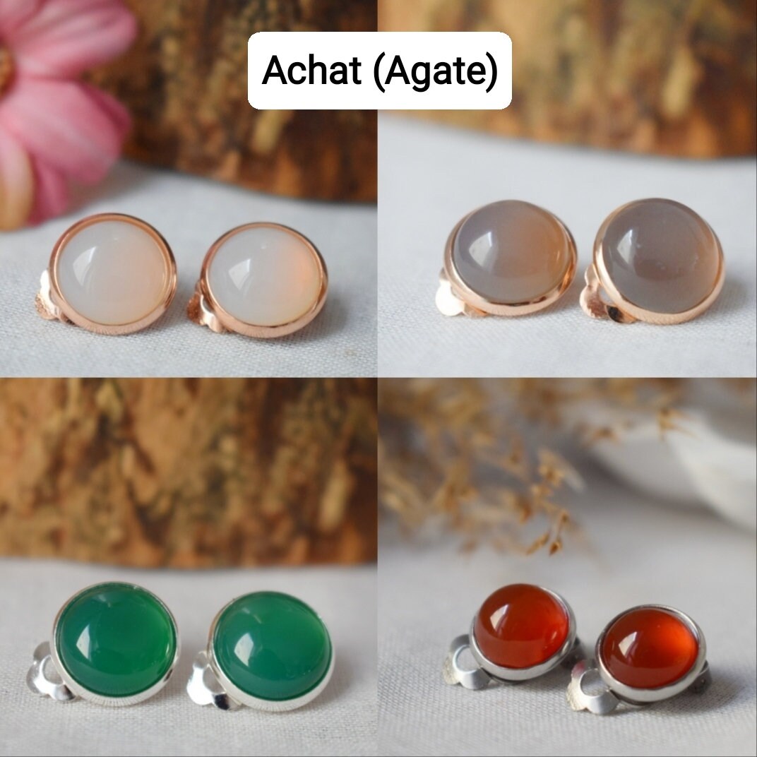 Black Agate Clip On Earrings: Surgical Steel Non Pierced Gemstone Ear Clips