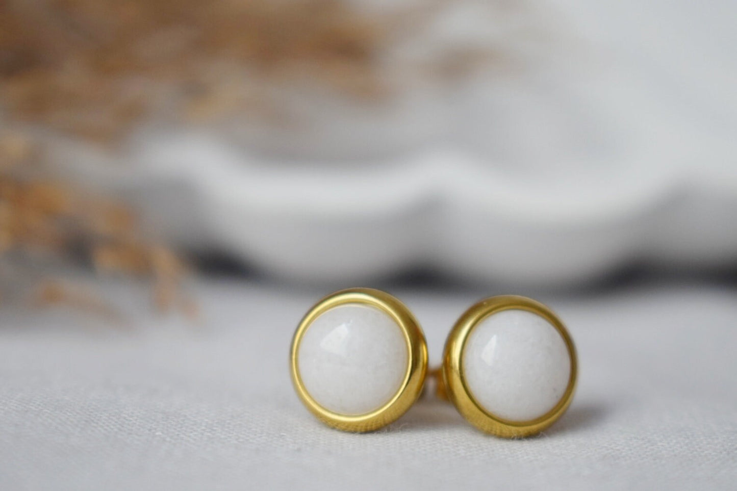 White Jade Stud Earrings: Minimalist Gemstone Jewelry