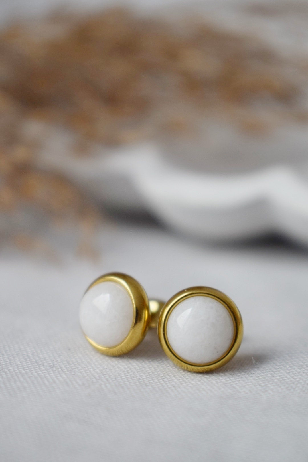 White Jade Stud Earrings: Minimalist Gemstone Jewelry