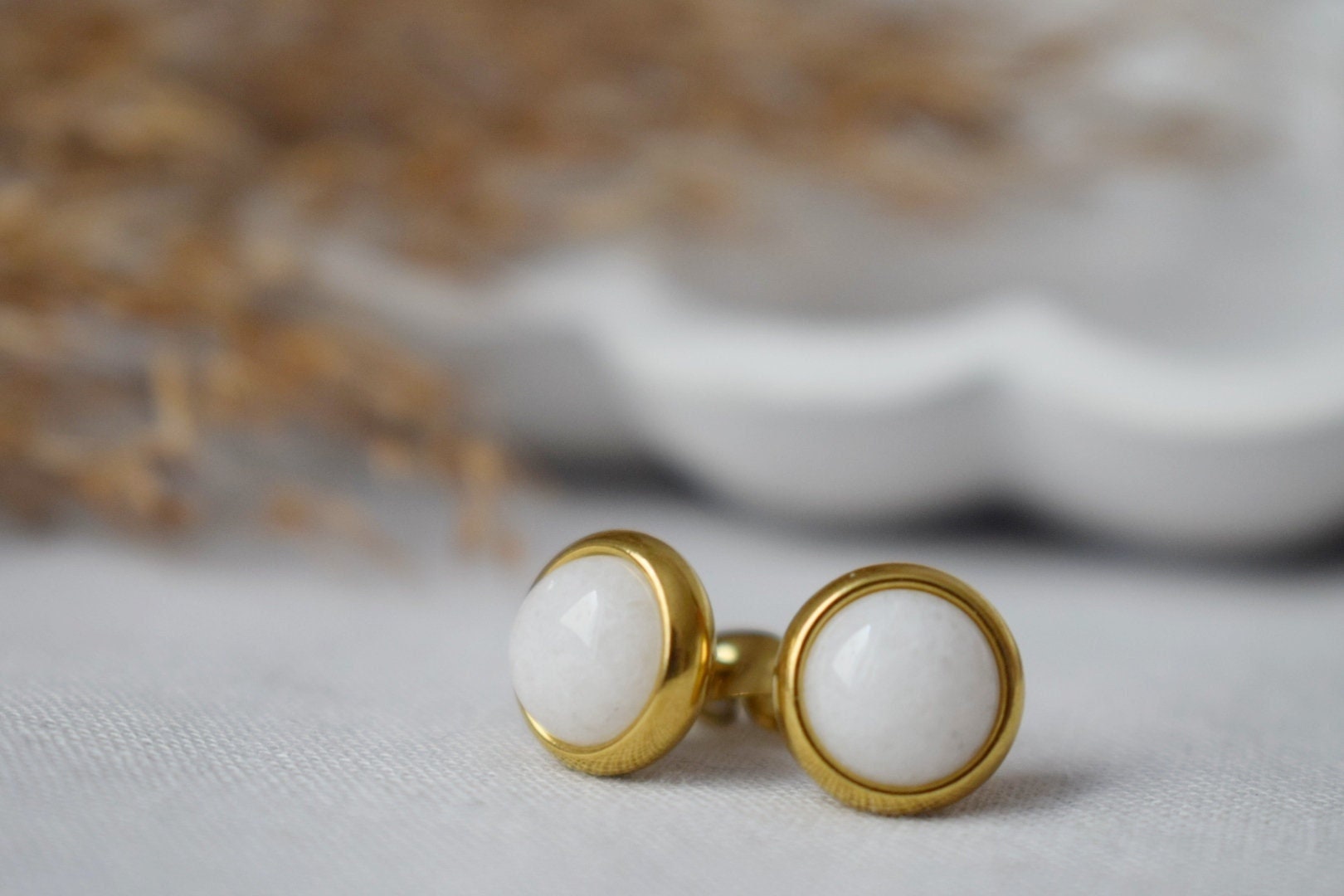 White Jade Stud Earrings: Minimalist Gemstone Jewelry