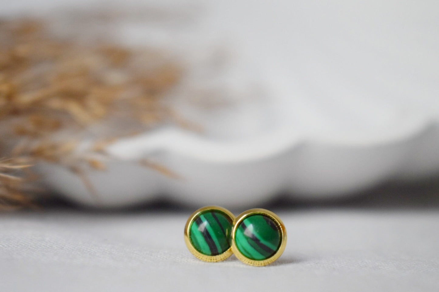 Malachite Stud Earrings, Green Golden Jewelry, Gift For Her
