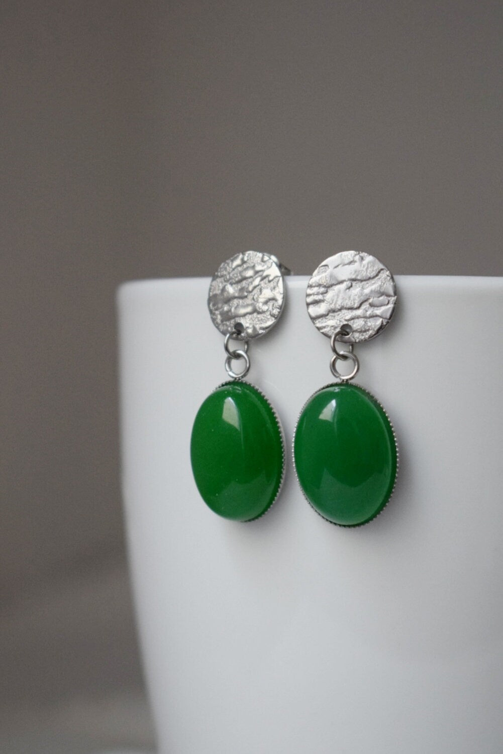 Green jade stud earrings, Gemstone Statement Jewelry