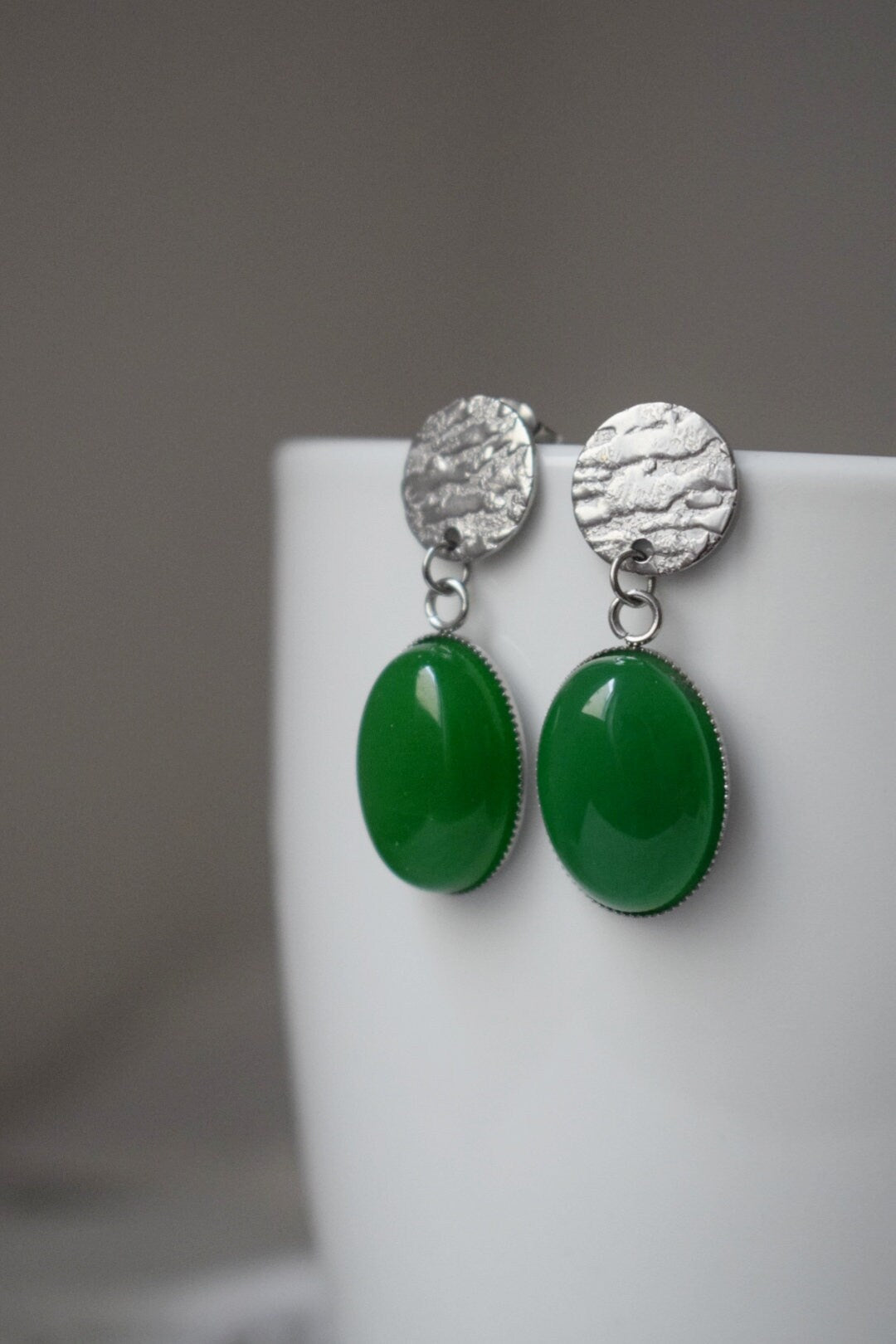 Green jade stud earrings, Gemstone Statement Jewelry