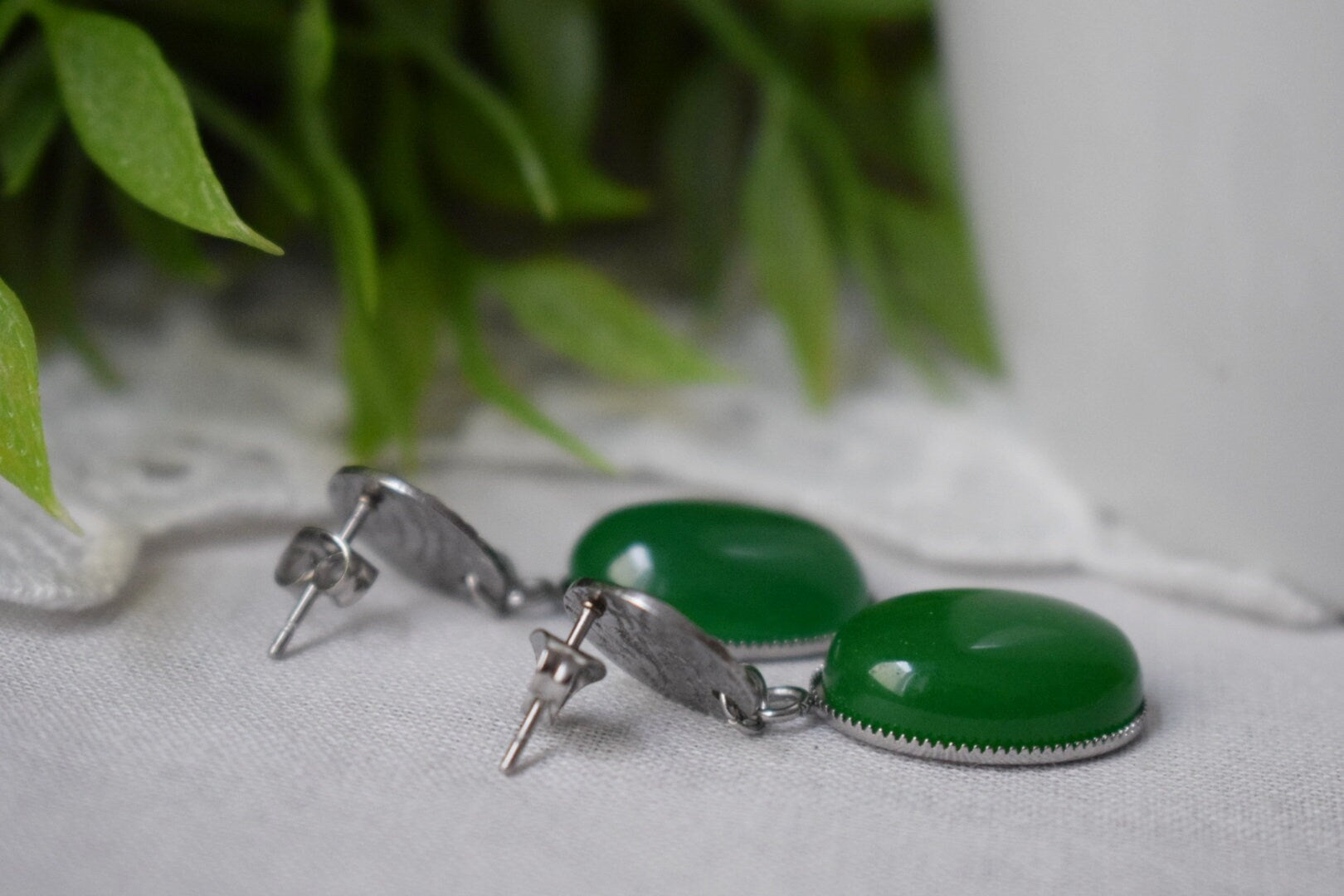 Green jade stud earrings, Gemstone Statement Jewelry