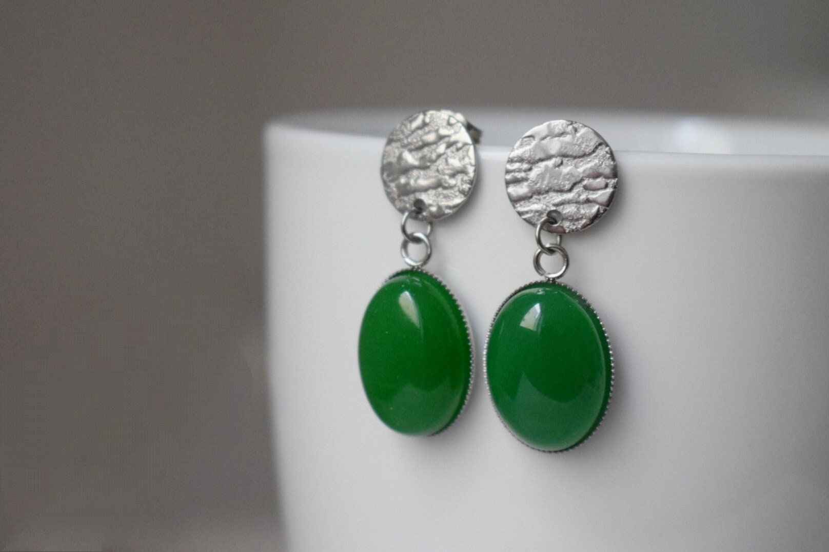 Green jade stud earrings, Gemstone Statement Jewelry