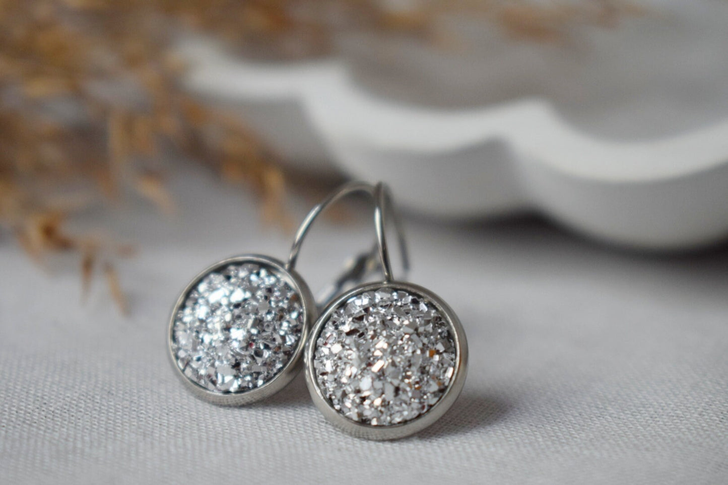 Druzy Earrings, Sparkling Dangles, Silver Color Jewelry, Gift For Her