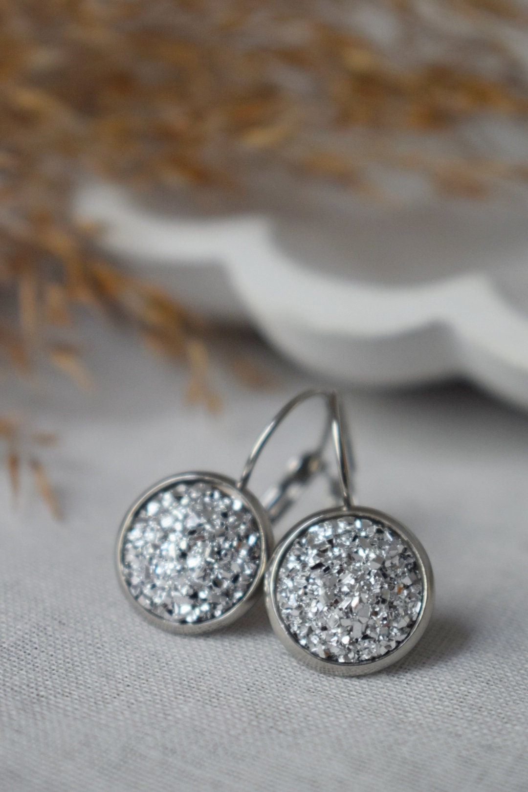 Druzy Earrings, Sparkling Dangles, Silver Color Jewelry, Gift For Her