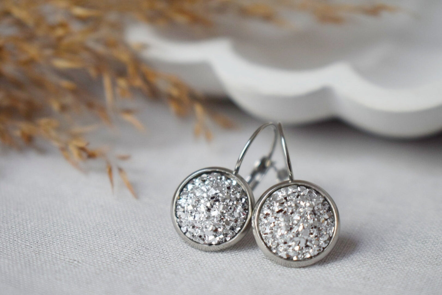 Druzy Earrings, Sparkling Dangles, Silver Color Jewelry, Gift For Her