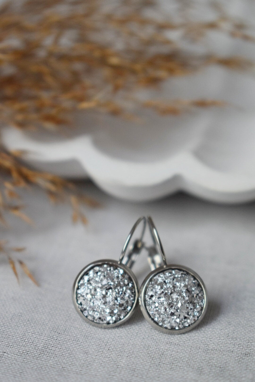 Druzy Earrings, Sparkling Dangles, Silver Color Jewelry, Gift For Her