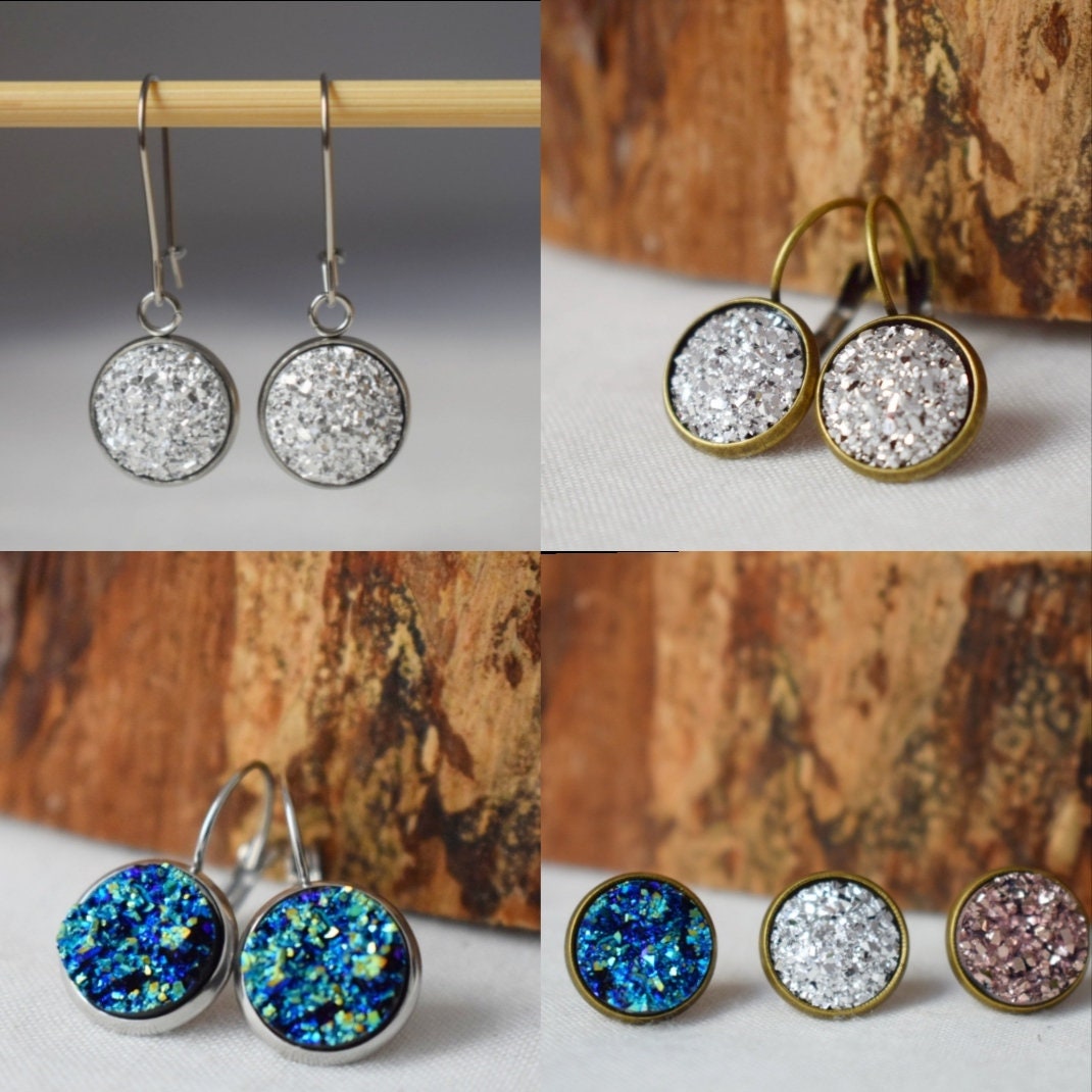 Druzy Earrings, Sparkling Dangles, Silver Color Jewelry, Gift For Her