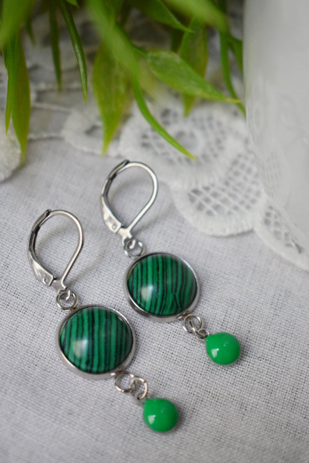 Malachite dangle earrings, Green Gemstone drop huggies, Boho jewelry