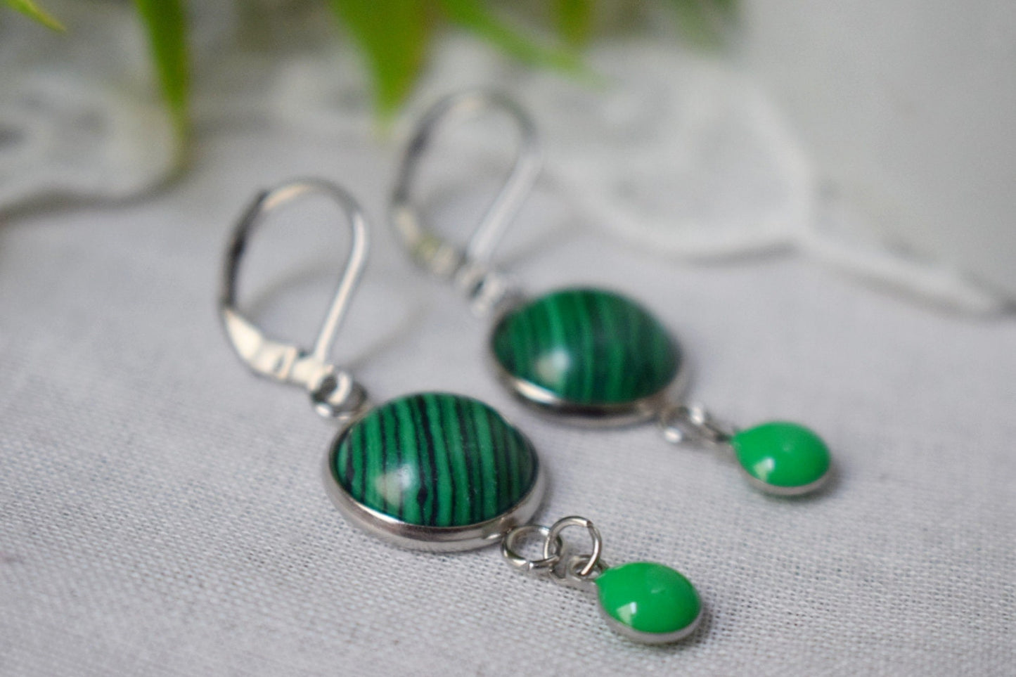 Malachite dangle earrings, Green Gemstone drop huggies, Boho jewelry