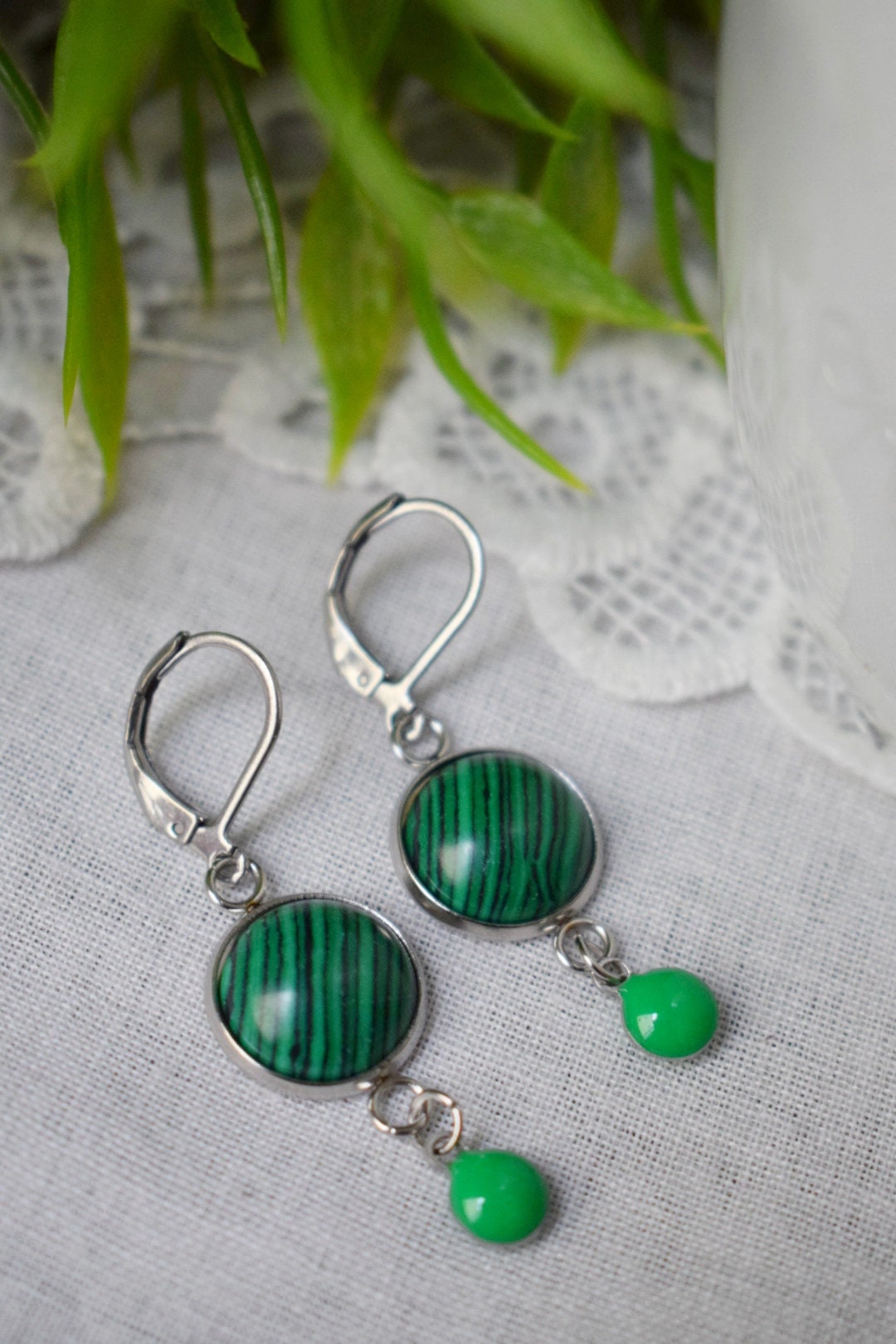 Malachite dangle earrings, Green Gemstone drop huggies, Boho jewelry