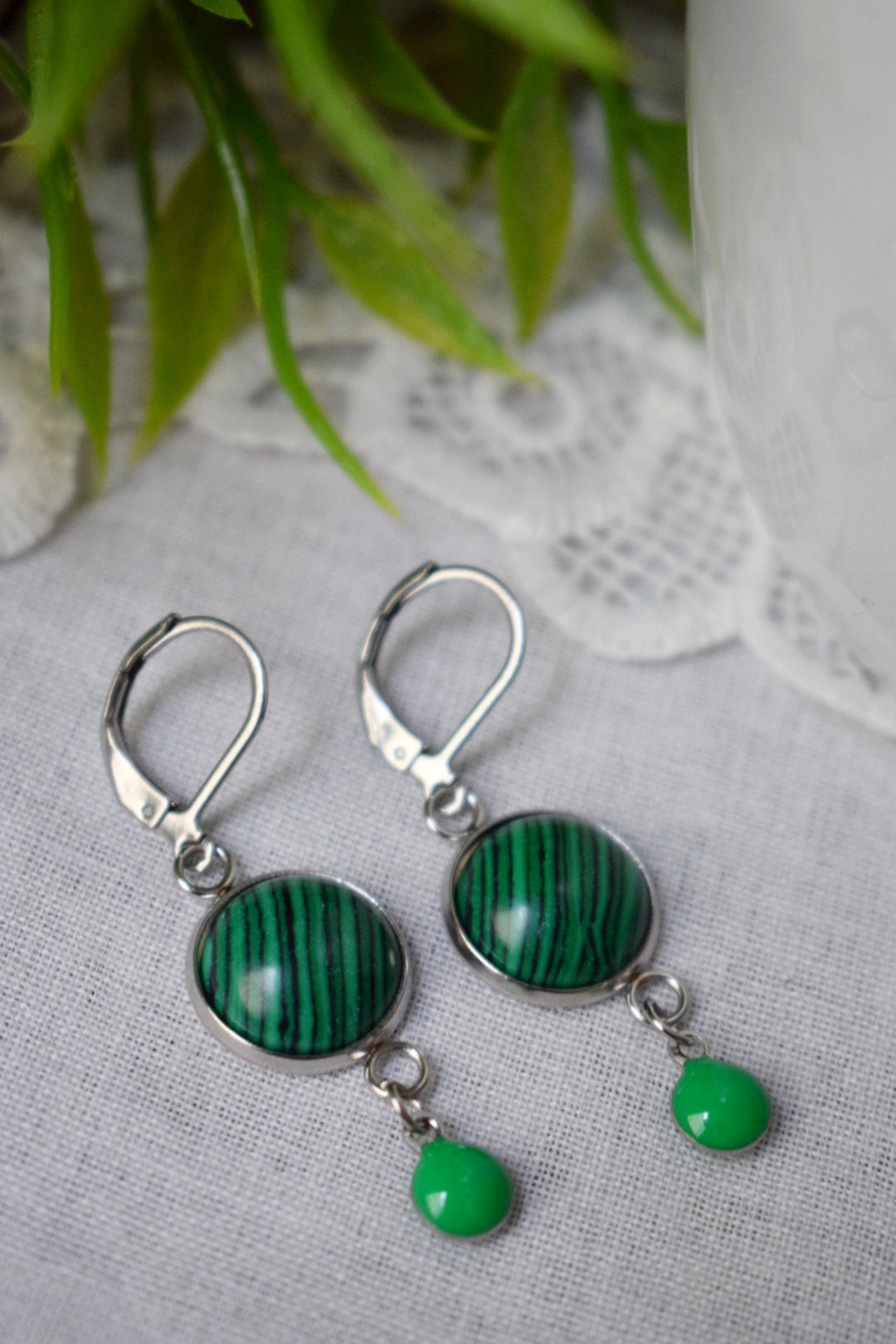 Malachite dangle earrings, Green Gemstone drop huggies, Boho jewelry