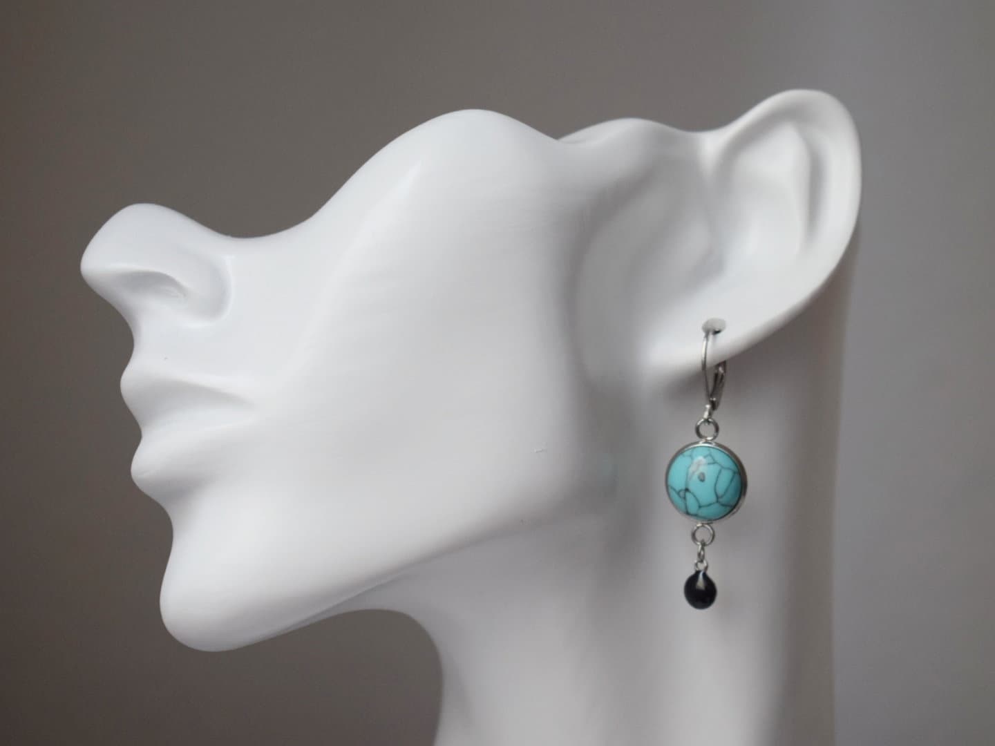 Turquoise earrings huggies, Blue gemstone earrings, Boho earrings, Black enamel pendant earrings, Jewelry gift for women