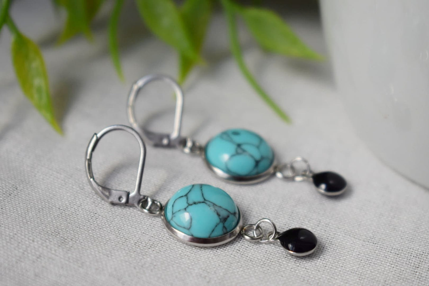 Turquoise earrings huggies, Blue gemstone earrings, Boho earrings, Black enamel pendant earrings, Jewelry gift for women