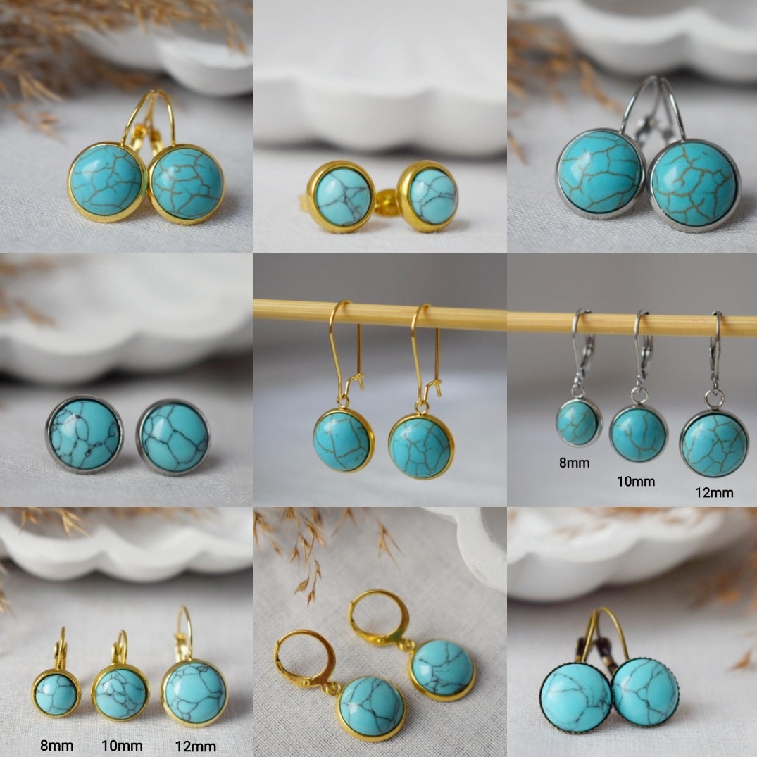 Turquoise earrings dangle, Gemstone hoop earrings gold, Round pendant hanging earrings, Lever back earrings, Turquoise jewelry, Gift for her